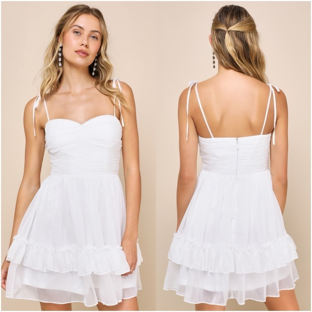 LULU’S Angelic Approach White Chiffon Ruffled Tie-Strap Mini Dress